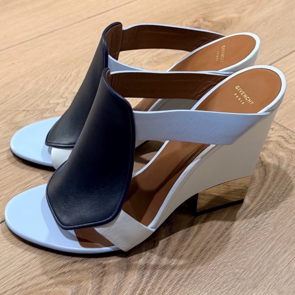Givenchy Paris Leather Colorblock Wedge Sandals Gold Heel Blue White 41 11 - Picture 5 of 11